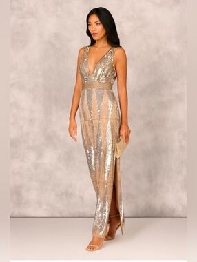 Aidan Mattox Sequined Deep-V Metallic Evening Gown - Silver & Champagne NWT